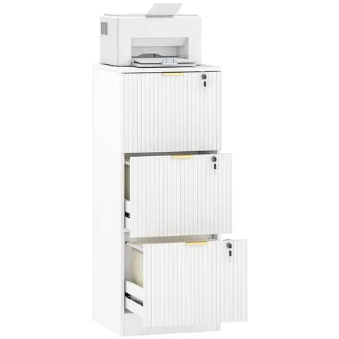 HOMCOM 3 Drawer Filing Cabinet, Fluted Vertical File Cabinet with Lock and Adjustable Hanging Rails for A4 and Letter Size Files, Printer Stand with Storage, White