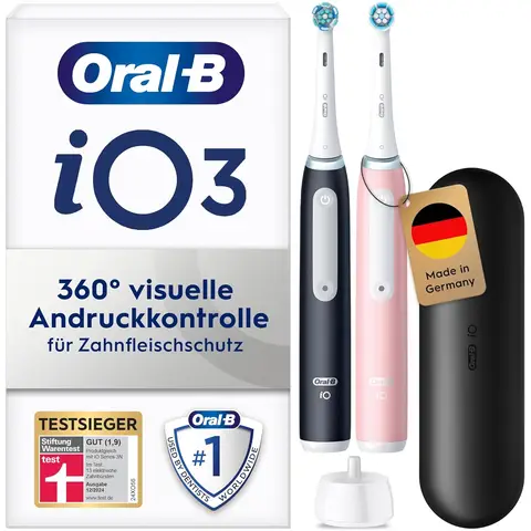 Oral-B iO Series 3 Elektrische Zahnbürste, Electric Toothbrush, Doppelpack, 2 Aufsteckbürsten, 3 Putzmodi für Zahnpflege, Reiseetui, TESTSIEGER Stiftung Warentest (12, 2024), Matt Black, Blush Pink