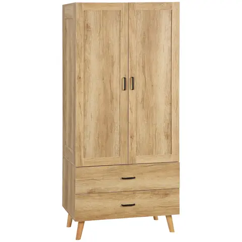 HOMCOM Modern 2-Door Wardrobe with 2 Drawers and Rail, Deep Clothes Storage Unit for Bedroom, 80 x 54 x 180 cm, Natural