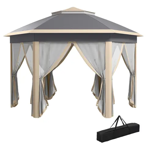 Outsunny 3 x 4m Garden Gazebo Hexagon Pop Up Gazebo Party Tent Canopy Double Roof Instant Shelter with Netting and Carry Bag for Outdoor Patio, Khaki