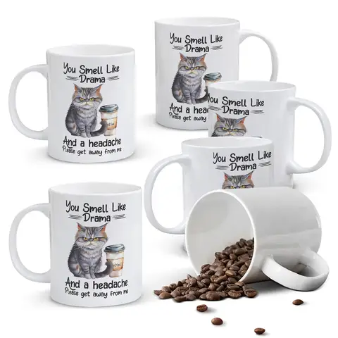 Alphynix 1pc 11oz White Mug with "You Smell Like Drama" Sassy Quote & Grumpy Cat Coffee Art, Unfiltered Humor Christmas or Thanksgiving Gift