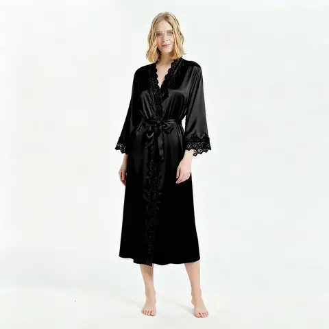 IZURIA long-sleeved black silk-like bathrobe  S