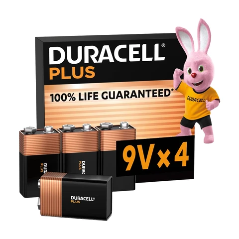 DURACELL Plus Piles 9V (lot de 4) - Alcalines - Durée de vie garantie à 100% - Idéales pour les appareils du quotidien - Emballage 0% plastique - Conservation 5 ans - 6LR61 MN1604