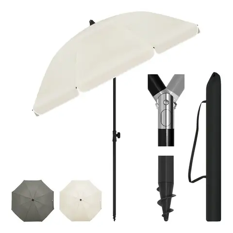 Laneetal Sonnenschirm Strand Ø155 cm, UV-Schutz UPF 50+, Höhen- und Neigungsverstellbar, Tragbar mit Tragetasche, Runder Sonnenschutz für Balkon Garten Strand, Beige