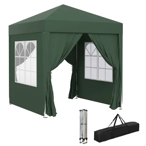 Outsunny 2 x 2 m Garden Pop Up Gazebo, Wedding Party Tent Marquee, Water Resistant Awning Canopy with Sidewalls, Windows, Carry Bag, Green