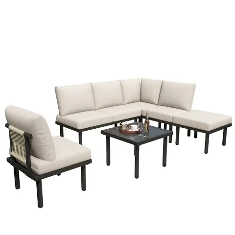 Garden lounge set with galvanized iron frame, set of 6, rope garden furniture set