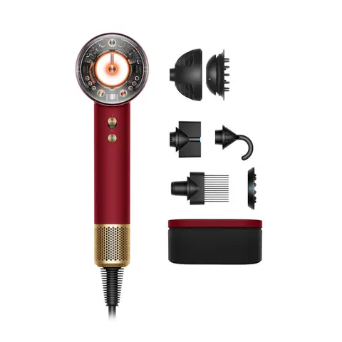 Dyson Supersonic Nural HD16 Sèche-cheveux ionique professionnel, 1600 W, 4 réglages de chaleur, 3 réglages de vitesse, avec accessoires, Velours rouge/Or