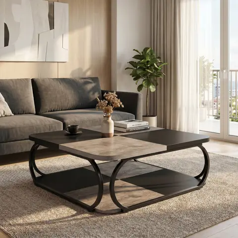 LANTINE Table basse carrée industrielle 100 x 100 x 50 cm Rangement 2 niveaux Bois et cadre métallique Noir Marron rustique