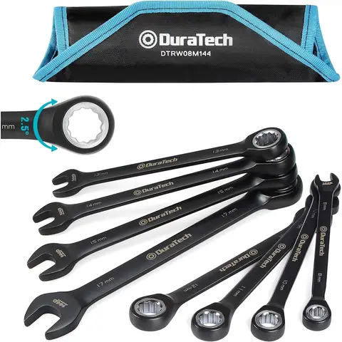 DURATECH 144-P Jeu de Clés Mixtes à Cliquet, Arc de Rotation de 2,5°, Métrique | Pour Espaces Étroits, Dents Doubles, 8 Pièces, Métrique, 8 mm - 17 mm, Acier CR-V, Noir Chromé, Avec Pochette Organisatrice