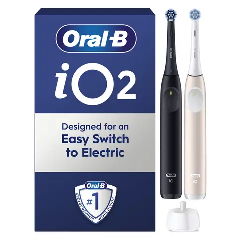  Oral-B iO2 Adult Electric Toothbrushes, Duo Pack, 2 Replacement Brushes, 3 Cleaning Modes for Dental Care, Night Black/Calm Pink