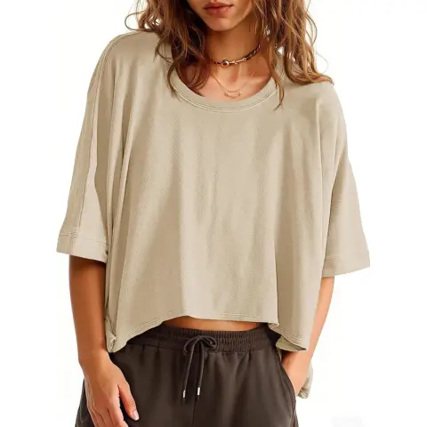 Women's Oversized T-Shirts Cropped Summer Casual Short Sleeve Loose Fit Tee Tops (khaki, M)