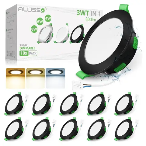 ALUSSO LED-Einbauspot, 230 V, dimmbar, flach, schwarz, 68 mm, 3W–8W, 3CCT (3000K Warmweiß, 4000K Neutralweiß, 6500K Kaltweiß), IP44