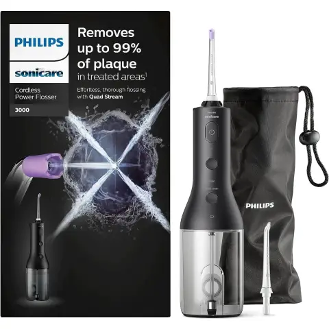 Philips Sonicare Kabelloser Power Flosser 3000 Munddusche, Wasserflosser für Zähne, Zahnfleisch und Mundpflege, Schwarz (Modell HX3826/33)