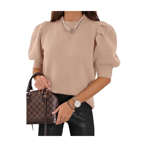 Women's Puff Short Sleeve Sweater Tops 2024 Spring Summer Trendy Crew Neck Casual T Shirts Blouses (beige, S)