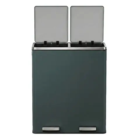 SONGMICS Doppel-Mülleimer, 2 x 30L Recyclingbehälter mit 15 Müllbeuteln, 2-Fach-Metall-Pedaleimer mit Deckeln und Kunststoff-Inneneimern, Soft-Close, grünlich-grau