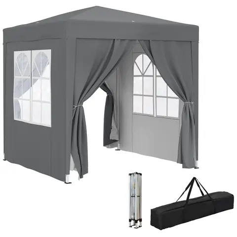 Outsunny 2 x 2 m Garden Pop Up Gazebo, Wedding Party Tent Marquee, Water Resistant Awning Canopy With Sidewalls, Windows, Carry Bag, Grey