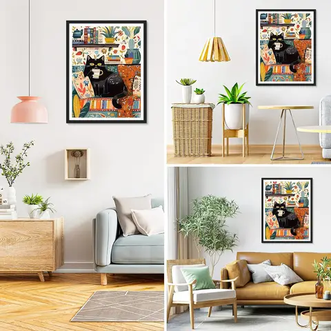 JU7CER 5D Full Round Drill Diamond Painting Kit - Black Cat | Adult Fun Animal Crystal Art | Home Wall Decor & Gift 12×16 Inches (30×40cm)