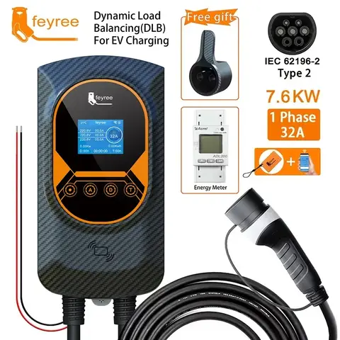 feyree EV-Ladegerät Typ-2-Kabel 32A 7,6kW, dynamische Lastbalance, EVSE-Wandladestation, App-Funktion, Ladestation für Elektroauto