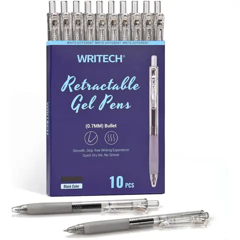 Stylos à encre gélatineuse rétractables WRITECH : stylo à encre noire de pointe moyenne 0,7 mm pour journal intime, écriture fluide, encre à séchage rapide sans dégâts, set de 10 pièces