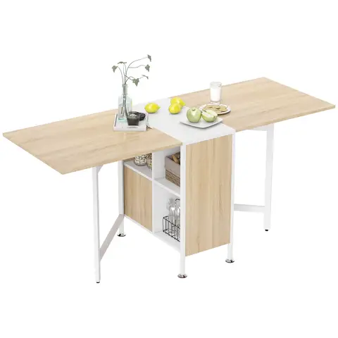 HOMCOM Folding Dining Table for 4 People, 169 cm Drop Leaf Table with Storage Shelves for Small Spaces, Kitchen, Dining Room, Oak & White