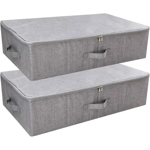 ANQI 2 Pack Foldable Underbed Storage Boxes with Zipper Cover, Light Grey