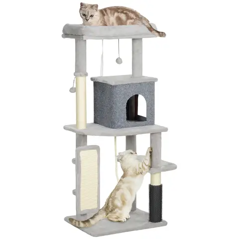 PawHut Cat Tree for Indoor Kittens, 132cm Cat Tower with Scratching Posts and Pad, Bed, House, Jumping Platform, Grooming Brush, Toy Balls, Anti-Tip Kit, Cat Climbing Frame, Light Grey