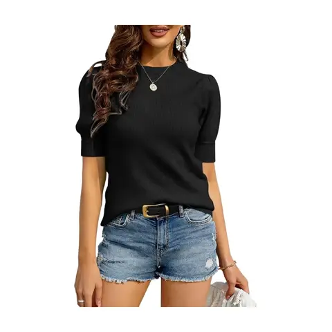 Women's Puff Short Sleeve Sweaters Pullover Shirt Tops Crew Neck Lightweight Knit Sweater Blouses (black, XL)