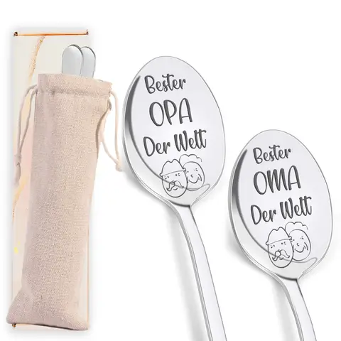 Alphynix 2-teiliges Familien-Erinnerungs-Löffelset, Edelstahlbesteck mit "Bester OPA/OMA Der Welt" Gravuren & Motiven älterer Paare, ideal für traditionelle Geschenkübergabe,Geschenk zum valentinstag, geschenk zum geburtstag