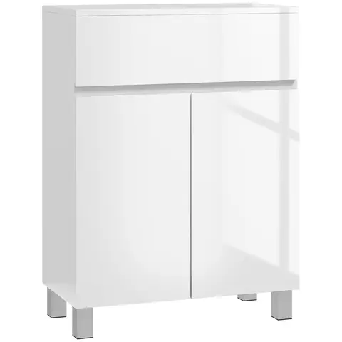 kleankin High Gloss Bathroom Storage Cabinet, Freestanding Bathroom Floor Cabinet with Drawer and Adjustable Shelf, White