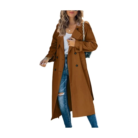 Women's Double Breasted Long Trench Coat Windproof Classic Lapel Slim Overcoat with Belt (Brown, M)