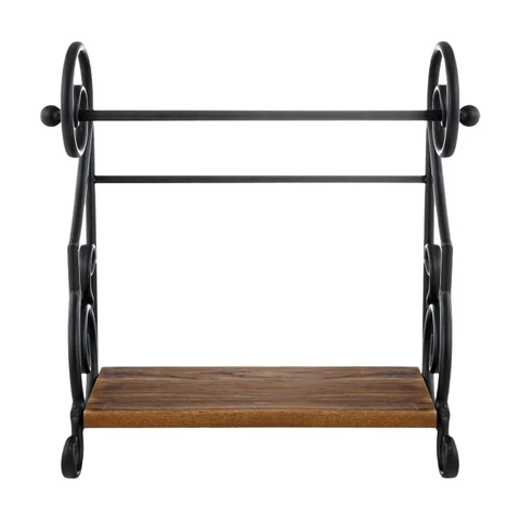 MyGift Schwarzer Metall-Papierrollenhalter für die Arbeitsplatte mit rustikalem, massivem, verbranntem Holzregal und Scrollwork-Design, einfach nachfüllbarer Einzelrollenhalter