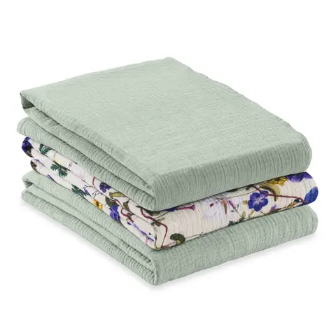 Hauck Mullwindeln / Mulltücher / Spucktücher Cuddle N Clean - 3er Set 80 x 80 cm - Sage / Beige / Floral