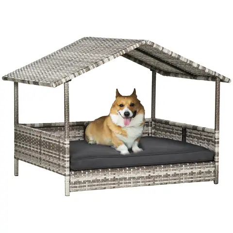 PawHut Wicker Dog Bed, Elevated Rattan Dog House with Removable Cushion and Canopy, for Small and Medium Dogs Charcoal grey