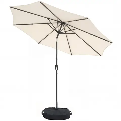 Outsunny 2.7 m Garden Parasol Umbrella with Cross Base and Sandbag, Retractable Ribs, Outdoor Table Market Patio Umbrella Sun Shade with 30 Degree Tilt and Crank, Vent, Cream White