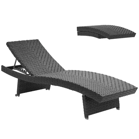Outsunny Outdoor PE Rattan Sun Lounger, Folding Wicker Garden Lounger Recliner with 4-Level Adjustable Backrest, Rolling Sunb