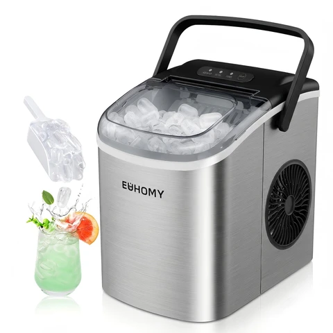 EUHOMY Countertop Ice Maker – Self-Cleaning Function – 9 Cubes in 6 Minutes – Portable Ice Cube Maker with Ice Scoop & Basket – For Home, Kitchen, Office, Bar