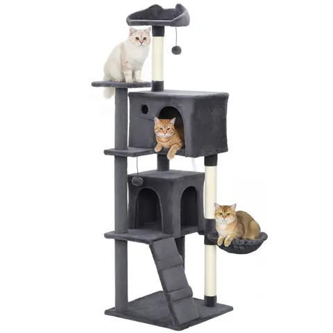 PawHut 160cm Cat Tree, Multi-Level Large Cat Tower with 3 Sisal Scratching Posts, Condos, Plush Perches, Hammock, Ladder, Dangling Balls, Kitten Activity Centre for Kittens Playing Relaxing, Dark Grey