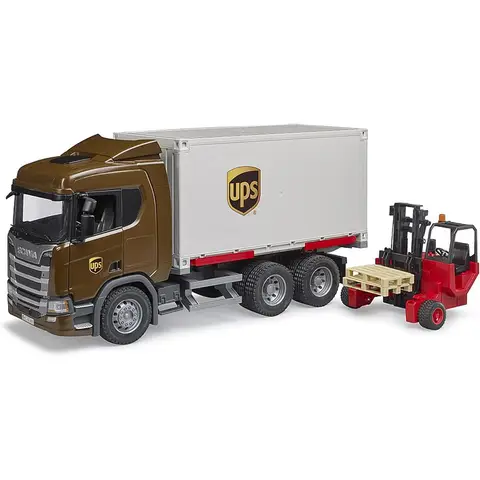 Bruder 03582 - Scania Super 560R UPS Logistik-LKW mit Ladegabelstapler - 1:16 Fahrzeuge, Paketzustellung, Spedition, Gabelstapler, Transporter, Spielzeug ab 4 Jahren
