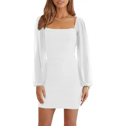 Women's Mesh Long Sleeve Dress Square Neck Ruched Mini Bodycon Dress Stretch Party Cocktail Dresses (White, L)