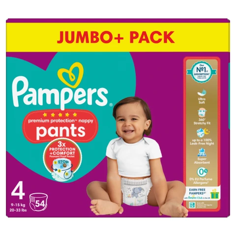 Pampers Premium Protection Nappy Pants Size 4 9-15kg 54 Pack Jumbo+ Pack