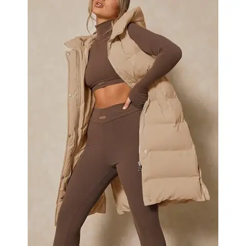 Women's Down Vest with Stand Collar Thick Hooded Sleeveless Long Coats Jacket (Khaki, L)
