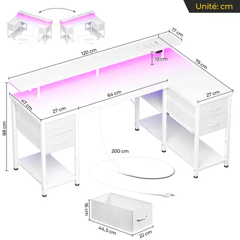 Seventable Computer Desk L Shape with 4 Drawers & Shelves, Gaming Table with LED & Sockets, Gaming Desk with Monitor Stand for Home Office, Bedroom, Living Room (White, 120 cm)