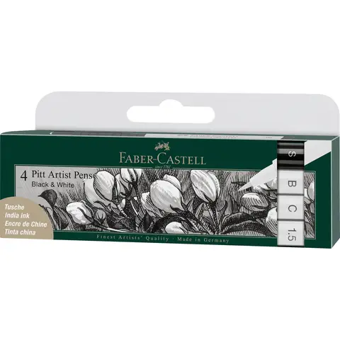Faber-Castell Pitt Artist Pen Black & White, Wallet of 4