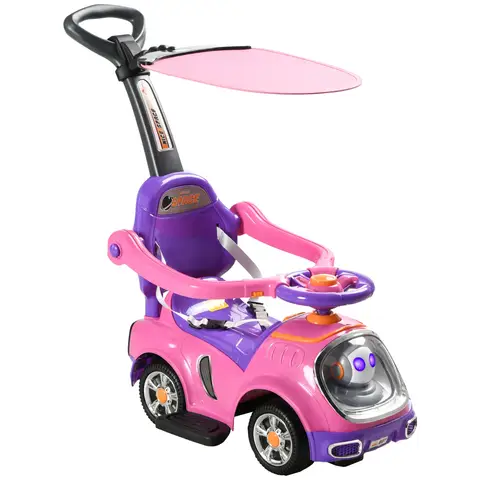 AIYAPLAY 3 in 1 Ride on Push Car, Cartoon Robot Theme Foot to Floor Slider, Baby Push Along Car with Parent Handle, Light Music Horn, Underneath Storage, for Boys Girls 12-36 Months - Pink