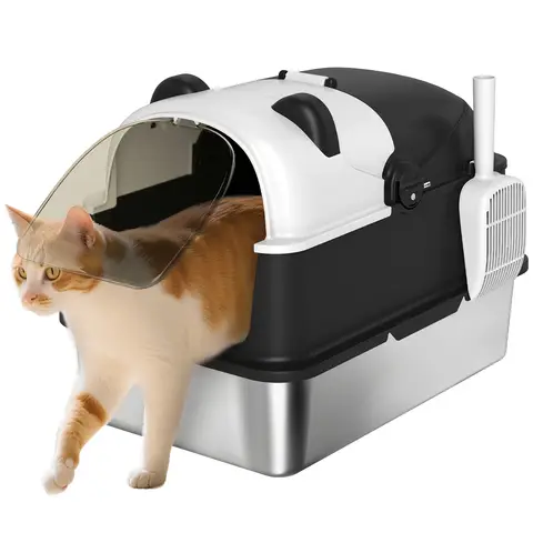 PawHut XL Stainless Steel Litter Box with Lid, Extra Large Enclosed Litter Tray with Scoop & 180° Flip Front Cover, Anti-Leakage, Non-Sticky, Non-Odour, Easy Cleaning, for Big Cats, Panda Style