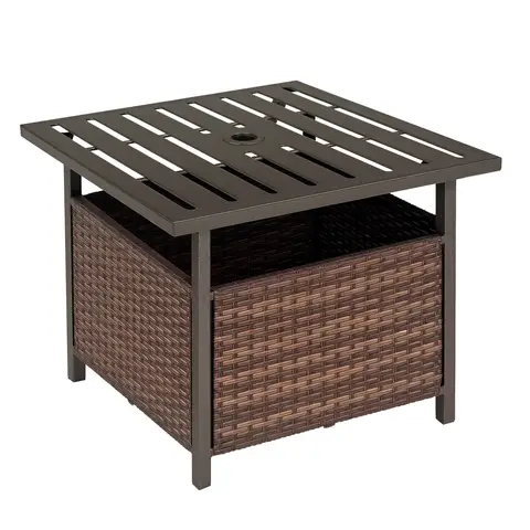 Outsunny Rattan Garden Coffee Table, 55.5 cm Square Wicker Patio Side Coffee Table with 4 cm Umbrella Hole, Metal Bottom and 
