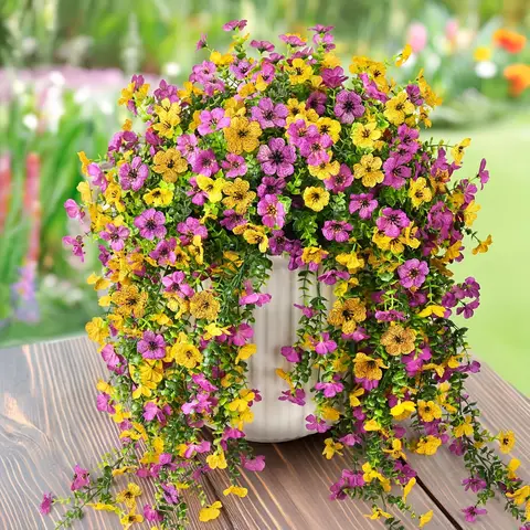 4Pcs 29.5in/75cm
Artificial Faux Hanging Flowers Plants for Outdoor Decor Outside Fake Mums Violets with Eucalyptus Realistic Daisy Trailing Vines for Yard Balcony Porch Decor(yellow&purple)