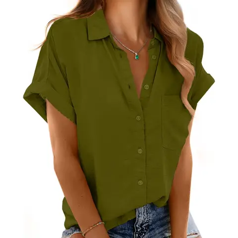 Women's Short Sleeve Shirts V Neck Collared Button Down Shirt Tops with Pockets (ArmyGreen, S)