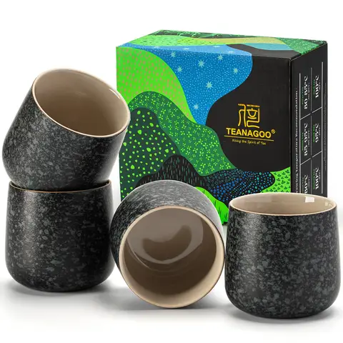 TEANAGOO Tasse à Thé Japonaise en Céramique, 7.2 oz/205 ml, Gris Charbon, H17, 4 Pièces/Boîte, Set de Tasses à Thé Asiatiques, Soldes du Nouvel An, Idées Cadeaux Incontournables