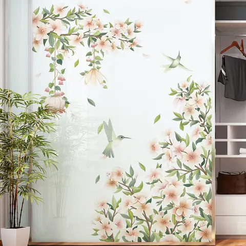 Watercolor Flowers Wall Decals Removable Spring Floral Butterfly Bird Wall Stickers Girls Bedroom Living Room Nursery Wall Decor
,Pink flowering tree